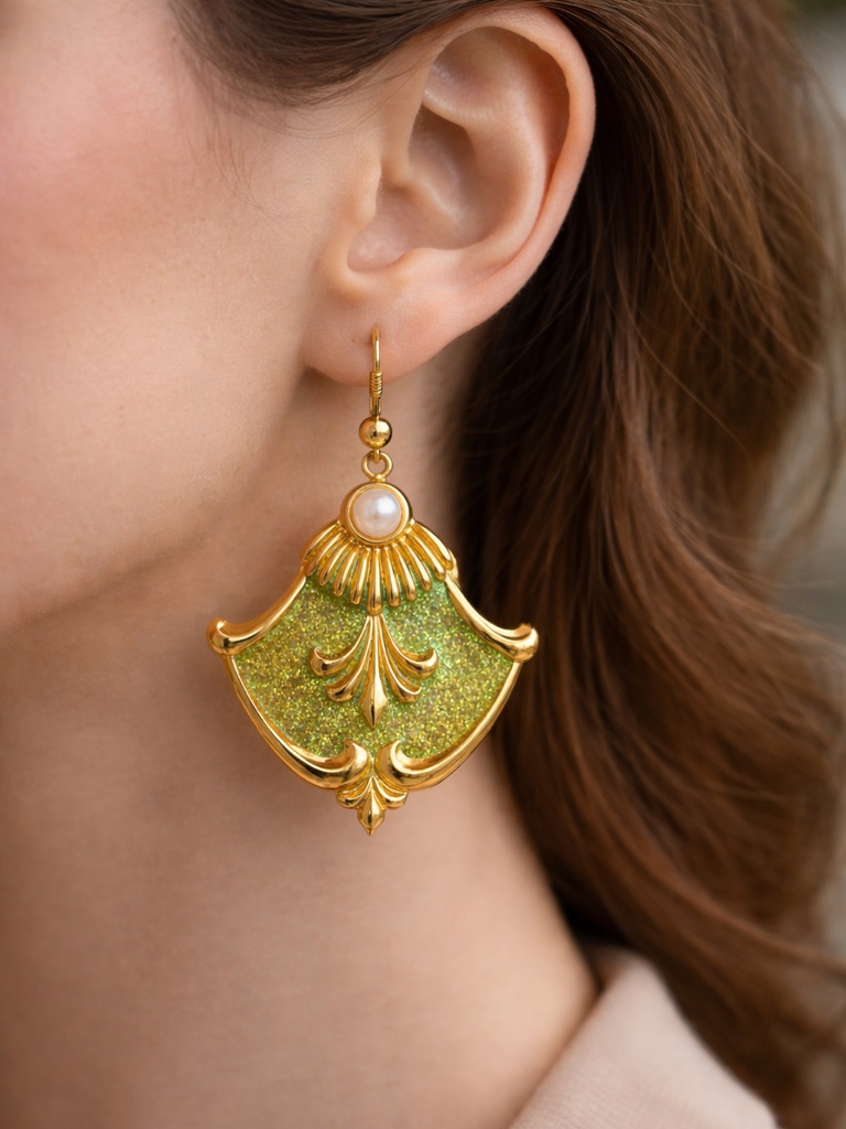 Beverly Hamburg Gold-Tone Green Glitter Filigree Drop Earrings With Pearl Accent